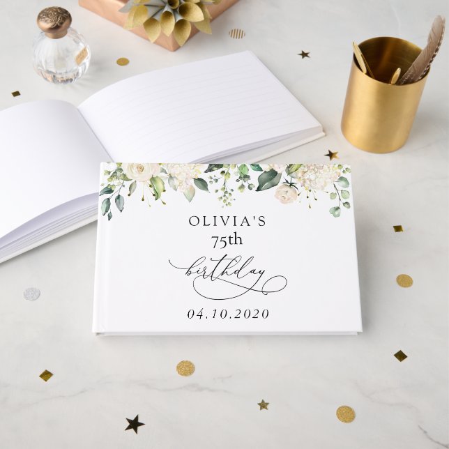 Libro De Visitas Flores Blancas, Flores Crema, Boho, Cumpleaños (Anverso Abierto)