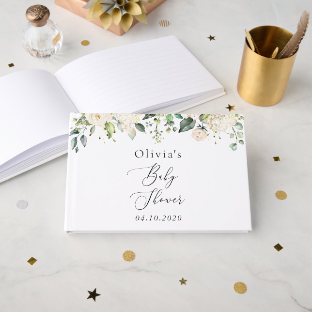 Libro De Visitas Flores blancas, flores de crema, boho, Baby Shower (Anverso Abierto)