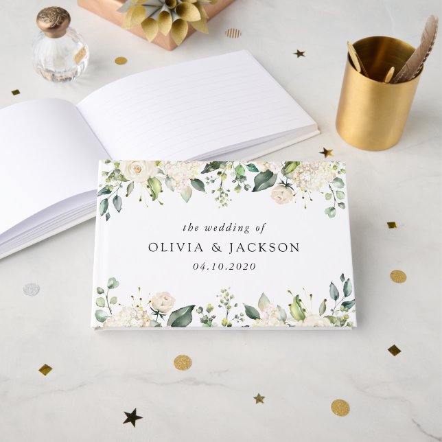Libro De Visitas Flores blancas, flores de crema, vegetación, Boda (Anverso Abierto)