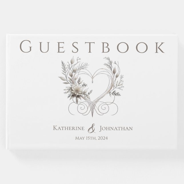 Libro De Visitas Flores blancas modernas con un Boda cardíaco (Anverso)