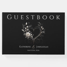 Libro De Visitas Flores blancas modernas con un Boda cardíaco