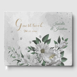 Libro De Visitas flores blancas románticas y hojas verdes boda