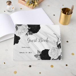 Libro De Visitas flores blancas y negras mármol botánico gris