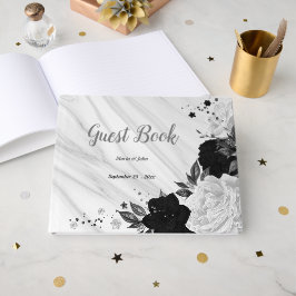 Libro De Visitas flores blancas y negras mármol botánico gris