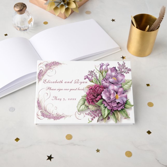 Libro De Visitas Flores de acuarela moradas y malvas bonitas (Anverso Abierto)