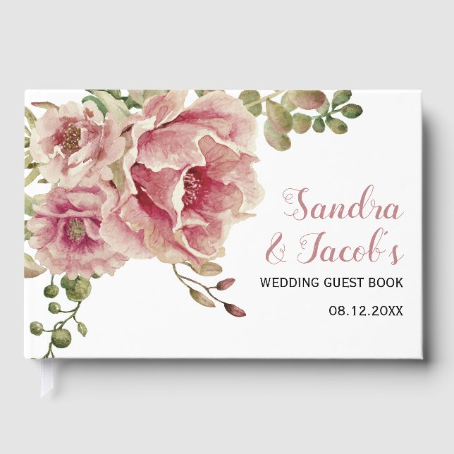 Libro De Visitas Flores de acuarela rosa, boda de tipografía (Anverso)