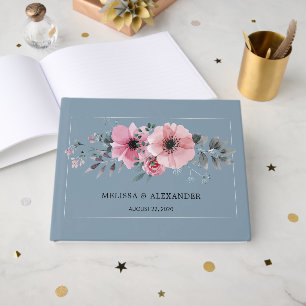 Libro De Visitas Flores de acuarela rústica Boda azul polvoriento