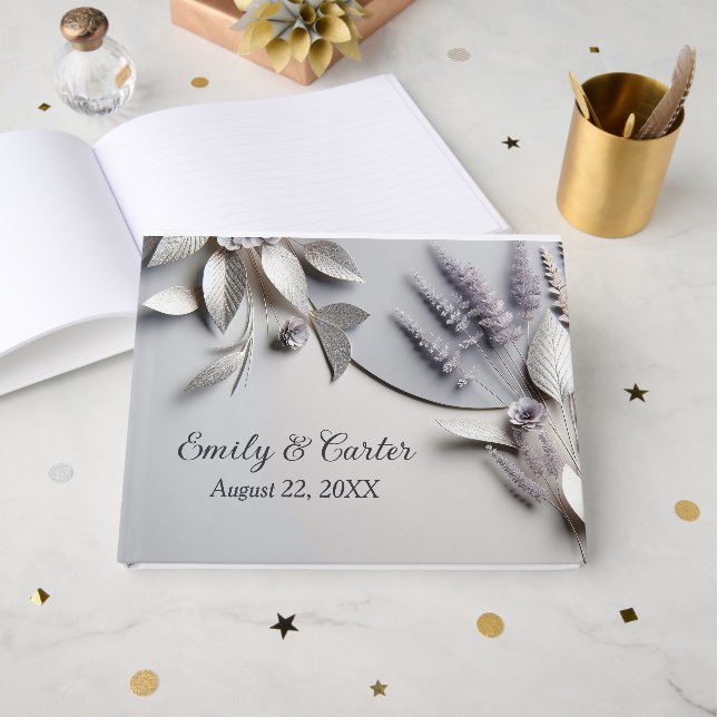 Libro De Visitas Flores de Boda en Plata (Anverso Abierto)
