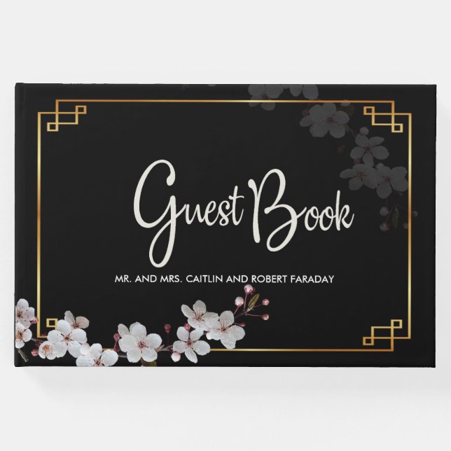 Libro De Visitas Flores de cerezo blanco y marco dorado (Anverso)