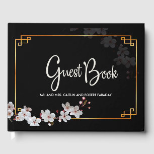 Libro De Visitas Flores de cerezo blanco y marco dorado