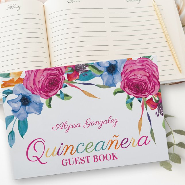 Libro De Visitas Flores de Fiesta Quinceanera floral blanca y rosa (Guest Book from my Fiesta Flowers Quinceanera Collection)