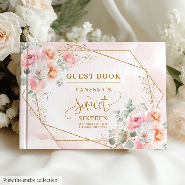 Libro De Visitas Flores de oro rosadas glamorosas en polvo Dieciséi (Glamorous Powder Pink Gold Flowers Sweet 16 Guest Book)