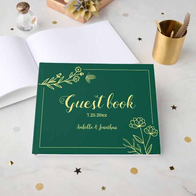 Libro De Visitas Flores de oro simples boda verde esmeralda (Anverso Abierto)