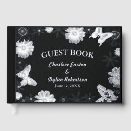 Libro De Visitas Flores de Relieve metalizado plateado y mariposas 