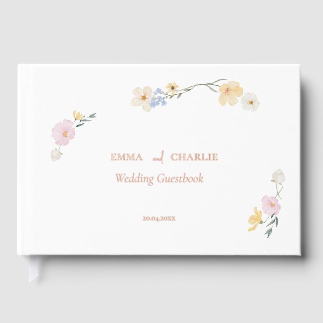 Libro De Visitas Flores elegantes de boho Boda de caligrafía (Anverso)