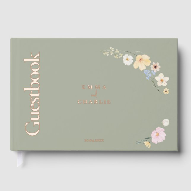 Libro De Visitas Flores elegantes de boho Boda Sage (Anverso)