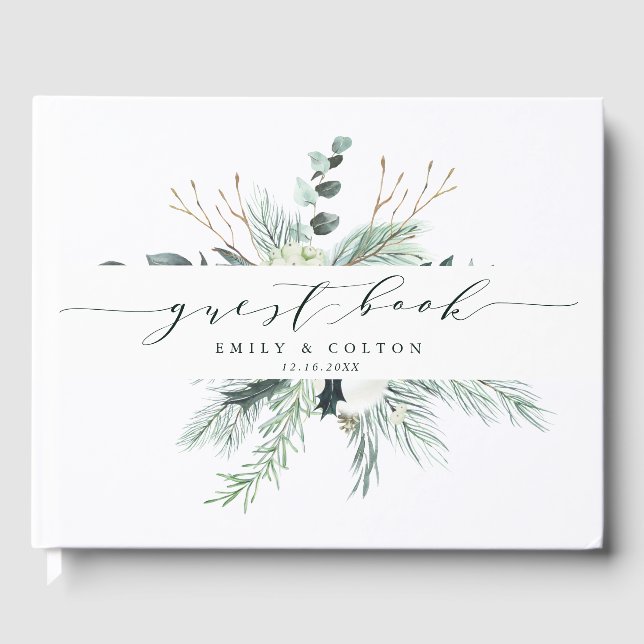 Libro De Visitas Flores Evergreen y Cotton Elegante Boda (Anverso)