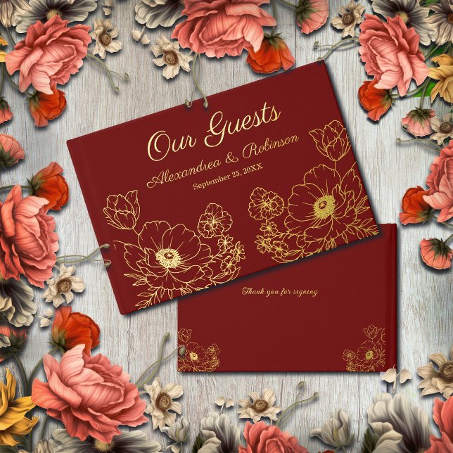 Libro De Visitas Flores Floral Boda Aniversario Oro Rojo (Flowers Floral Wedding Anniversary Gold Red Foil Guest Book is wonderful for guest to sign at event.)