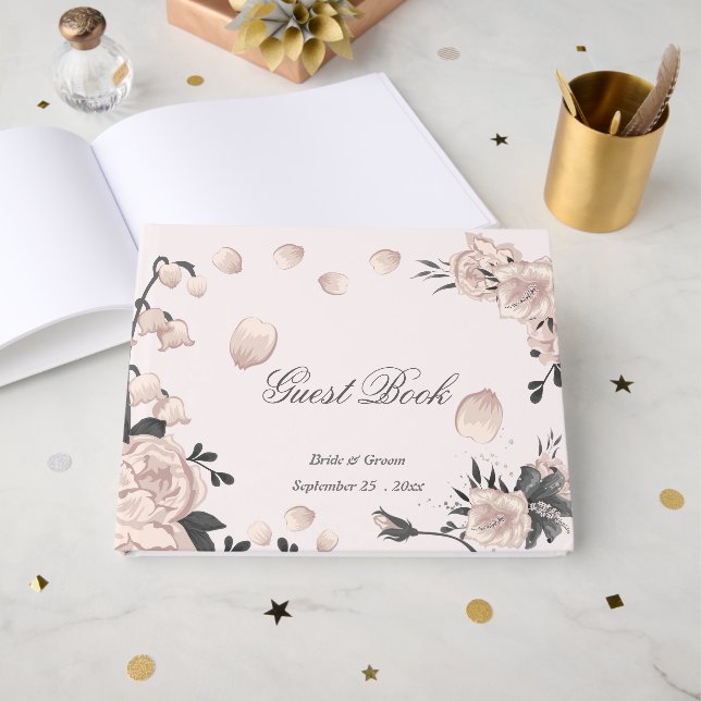 Libro De Visitas Flores gris rosadas polvorientas y pétalos bonitos (Anverso Abierto)