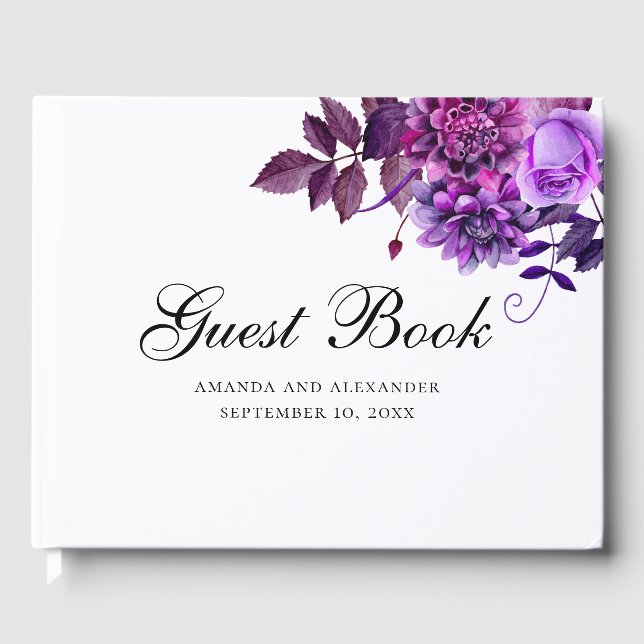 Libro De Visitas Flores moradas acuarelas. Boda floral de Lilac (Anverso)