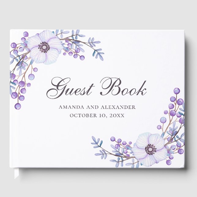 Libro De Visitas Flores moradas acuarelas. Boda floral violeta (Anverso)