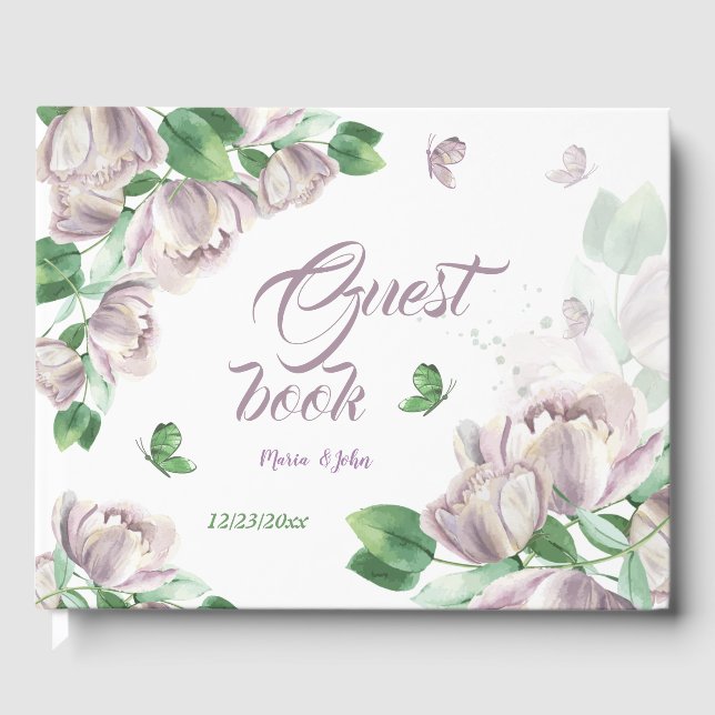 Libro De Visitas flores moradas hojas verdes mariposas (Anverso)