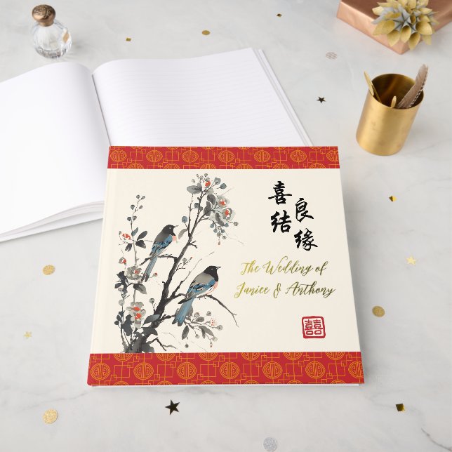 Libro De Visitas Flores orientales pájaros boda china moderna  (Anverso Abierto)