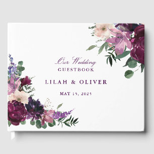 Libro De Visitas Flores púrpura exuberantes Boda romántico