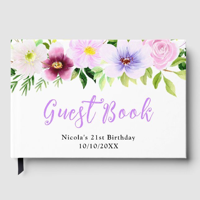 Libro De Visitas Flores púrpuras de primavera con cumpleaños de fol (Anverso)