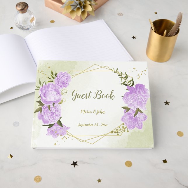 Libro De Visitas flores púrpuras hojas verdes geométricas (Anverso Abierto)