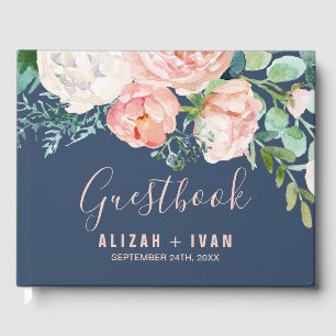 Libro De Visitas Flores románticas de peones   Boda azul