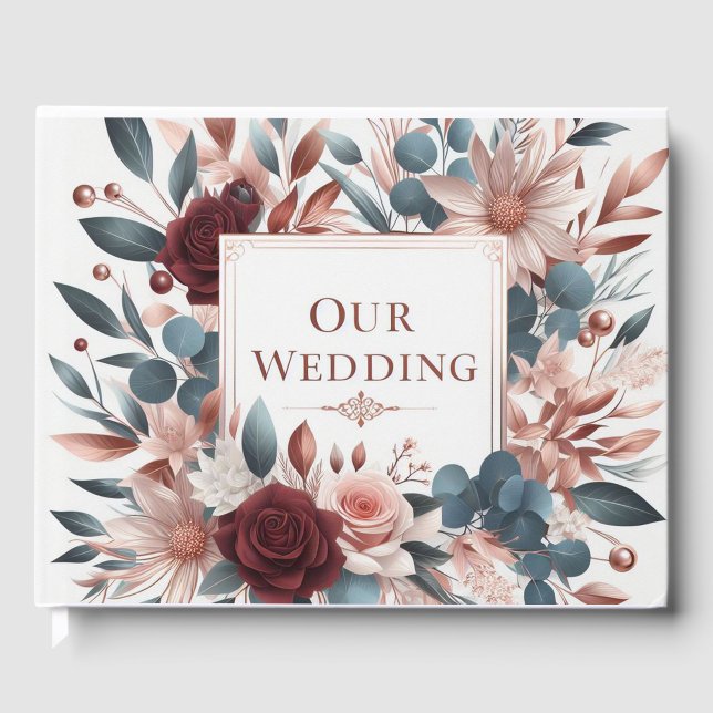 Libro De Visitas Flores rosa y azul turbias con Rosas de Borgoña (Anverso)