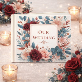 Libro De Visitas Flores rosa y azul turbias con Rosas de Borgoña