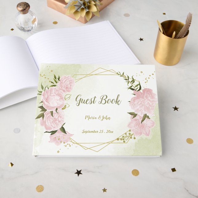 Libro De Visitas flores rosadas bonito hojas verdes geométricas (Anverso Abierto)