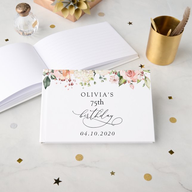 Libro De Visitas Flores rosadas, Flores blancas, Boho, Cumpleaños (Anverso Abierto)