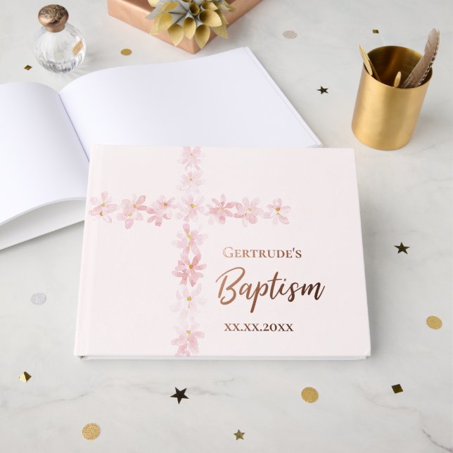 Libro De Visitas flores rosas Baptismo cruzado (Anverso Abierto)