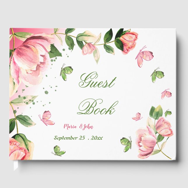 Libro De Visitas flores rosas hojas verdes mariposas (Anverso)