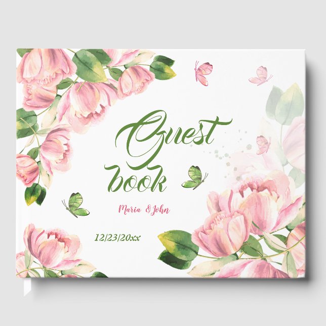 Libro De Visitas flores rosas hojas verdes mariposas (Anverso)