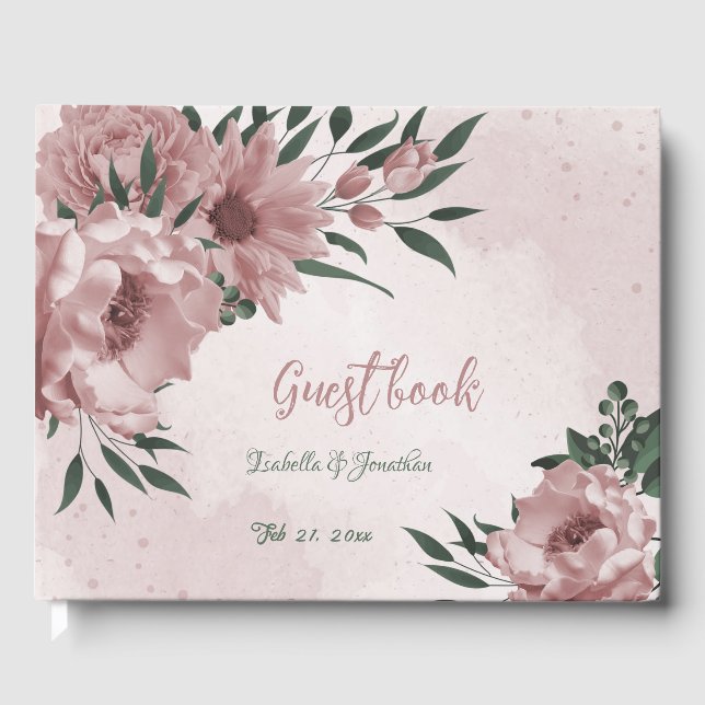 Libro De Visitas flores rosas y verdes románticas bodas (Anverso)