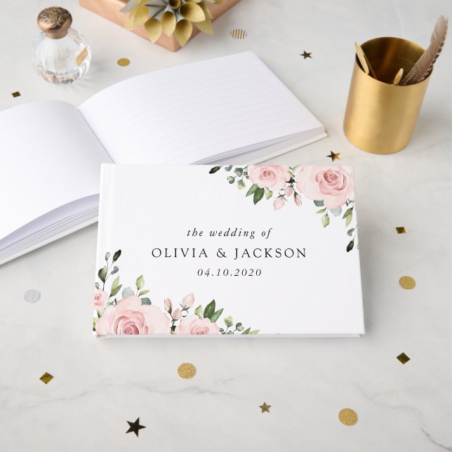 Libro De Visitas Flores Rubor, flores rosas, vegetación, Boda (Anverso Abierto)