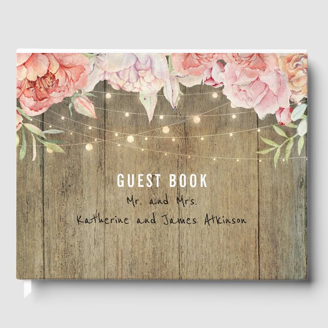 Libro De Visitas Flores Rubor y rosa Rústica String ilumina madera (Anverso)