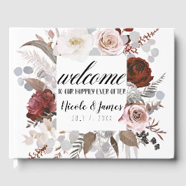 Libro De Visitas Flores Rústicas Florales Rosa Gris Rojo Boda