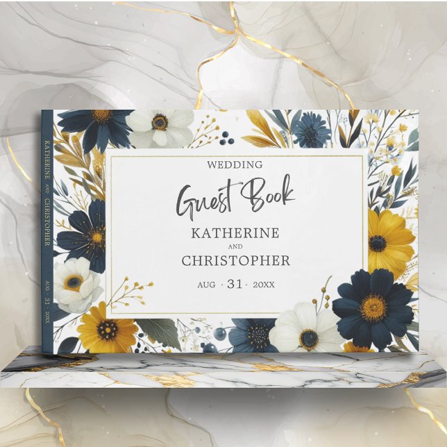 Libro De Visitas Flores salvajes amarillas azules elegante matrimon (Blue Gold Wildflower Floral Wedding Guest Book)