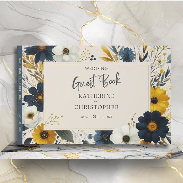Libro De Visitas Flores silvestres acuáticas Boda beige elegante (Watercolor Floral Elegant Wedding Guest Book with Blue Yellow Wildflowers, Wedding Info.)