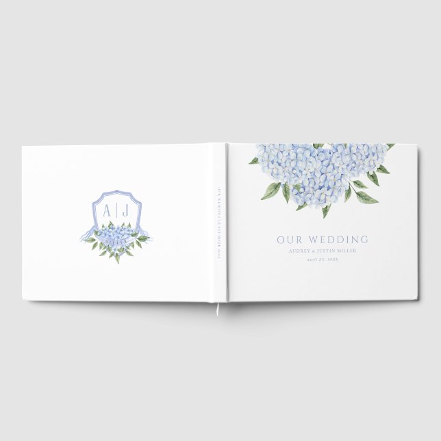 Libro De Visitas Flores y Escudos de hidrangea azul, Boda (Lleno)