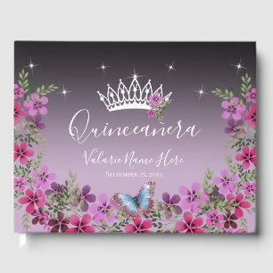 Libro De Visitas Flores y mariposa princesa Quinceanera púrpura