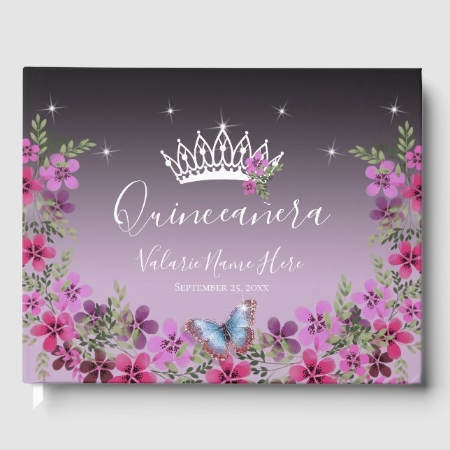 Libro De Visitas Flores y mariposa princesa Quinceanera púrpura (Anverso)