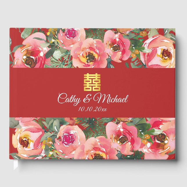 Libro De Visitas Fondo de flores rosadas símbolo de doble felicidad (Anverso)