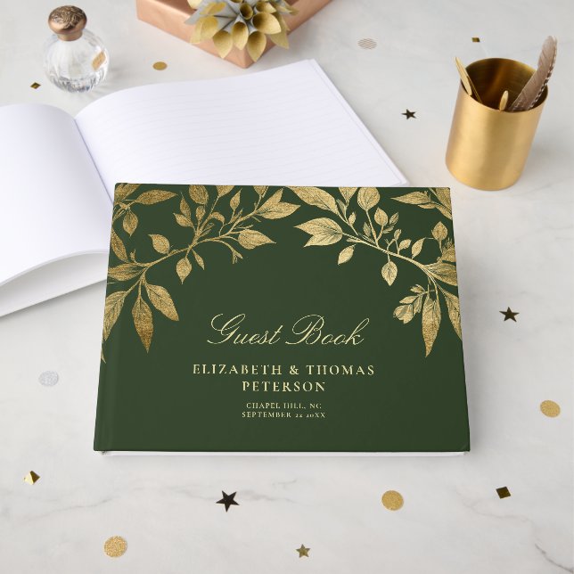 Libro De Visitas Forest Foliage Botanical Elegant Script Wedding (Anverso Abierto)