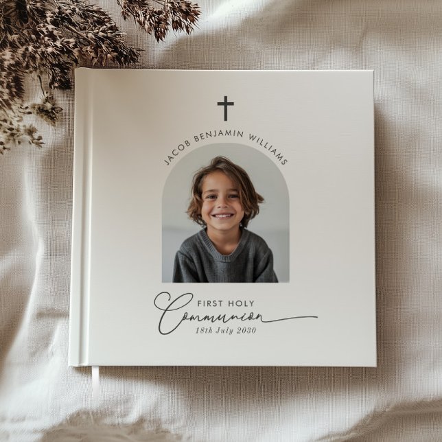 Libro De Visitas Foto arqueada Primer niño de la comunión (Zazzle Arched Photo First Communion Boy Guest Book)